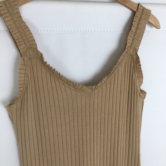 Y2K Ribbed Maxi Tank Dress Bodycon Tan High Slit Ruffle Straps Women’s Size XL - Picture 6 of 10